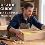 Carpenter using a tape measure to check cabinet depth for proper drawer slide sizing guide and soft-close hinge clearance, avoiding common cabinet hardware installation mistakes.