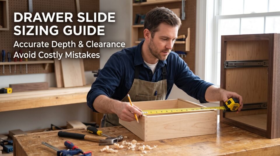 Carpenter using a tape measure to check cabinet depth for proper drawer slide sizing guide and soft-close hinge clearance, avoiding common cabinet hardware installation mistakes.