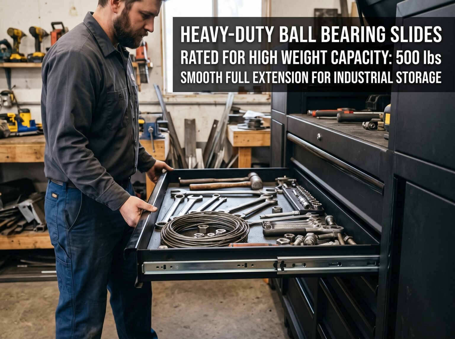 A workshop mechanic pulling open a large industrial toolbox drawer fully loaded with heavy iron tools, demonstrating heavy-duty full extension ball bearing drawer slides carrying heavy weight capacity