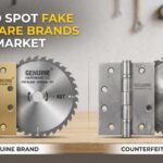 Genuine vs fake hardware comparison showing authentic and counterfeit brass hinges and circular saw blades.