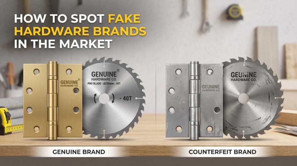 Genuine vs fake hardware comparison showing authentic and counterfeit brass hinges and circular saw blades.
